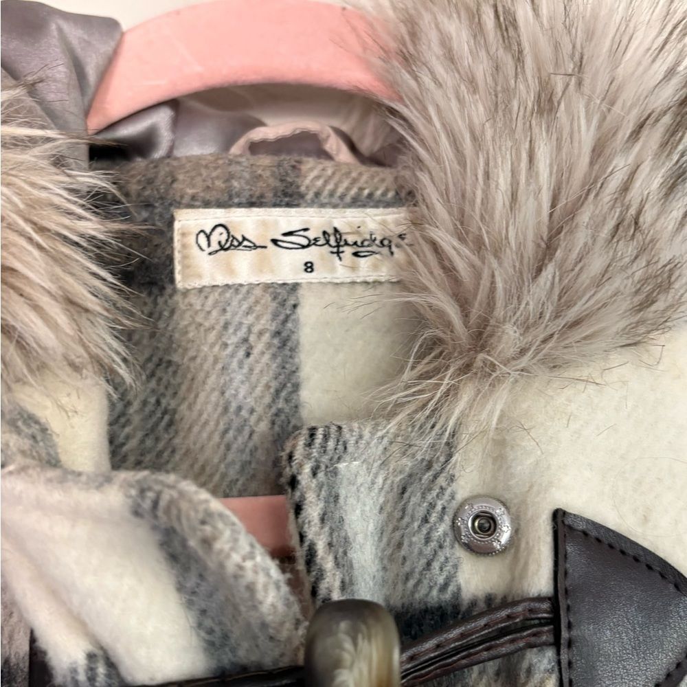 ASOS Miss Selfridge Gray Plaid Pea Coat with Faux Fur Trim Hood Size 8 - Picture 3 of 5